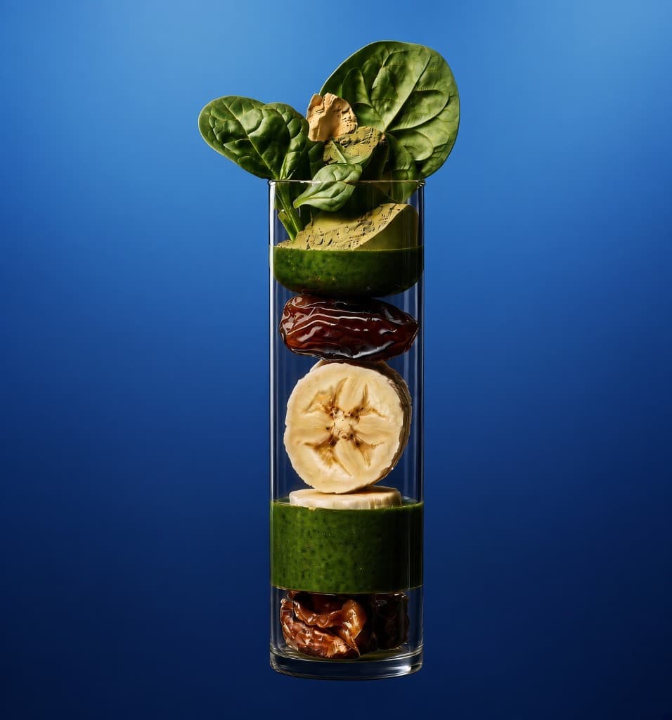 A glass layered with spinach, avocado, dates, banana, and greens